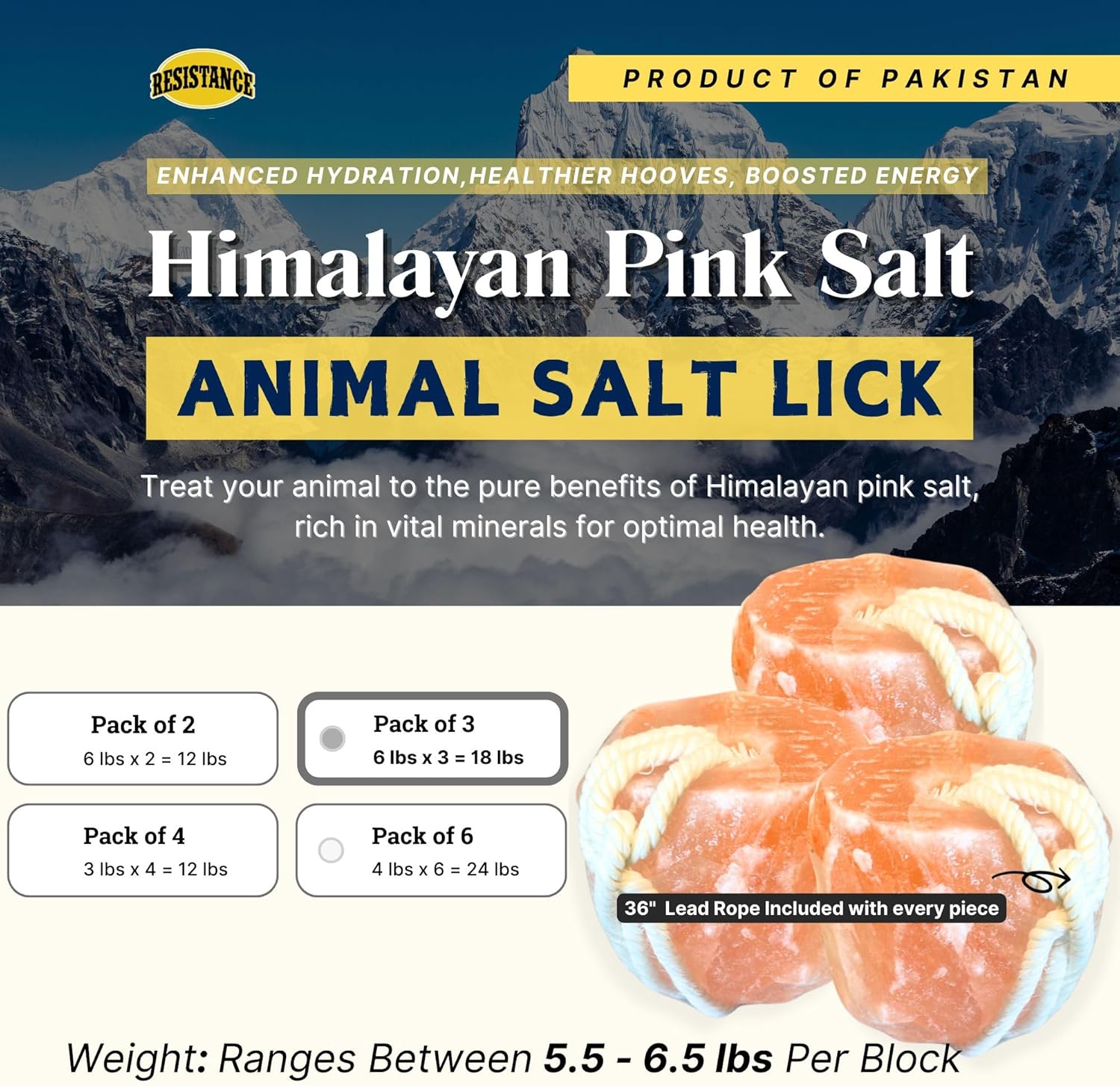 RESISTANCE Pink Himalayan Salt Lick Block with Rope for Horses, Cattle, Deer, Goats, and Livestock – 3 Lbs, 4 Lbs & 6 Lbs (Each Block Weight)