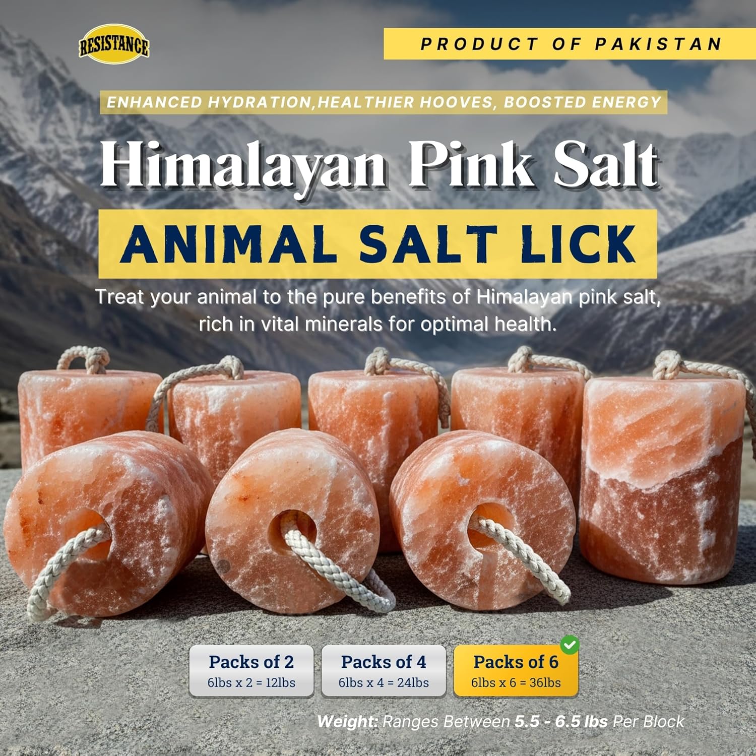 RESISTANCE Pink Himalayan Salt Lick Block with Rope for Horses, Cattle, Deer, Goats, and Livestock - 6 Lbs (Each Block Weight)